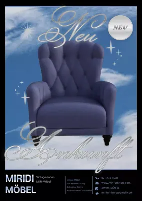 Ein schickes Werbeplakat für ein Vintage-Möbelgeschäft in Schwarz und Hellblau.
