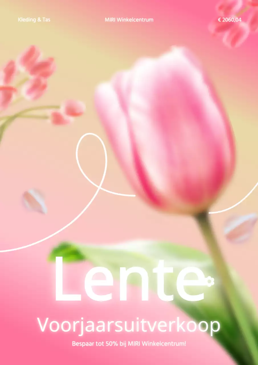 Een kleurrijk roze en wit affiche ter promotie van de Lentevreugde-uitverkoop van het winkelcentrum.