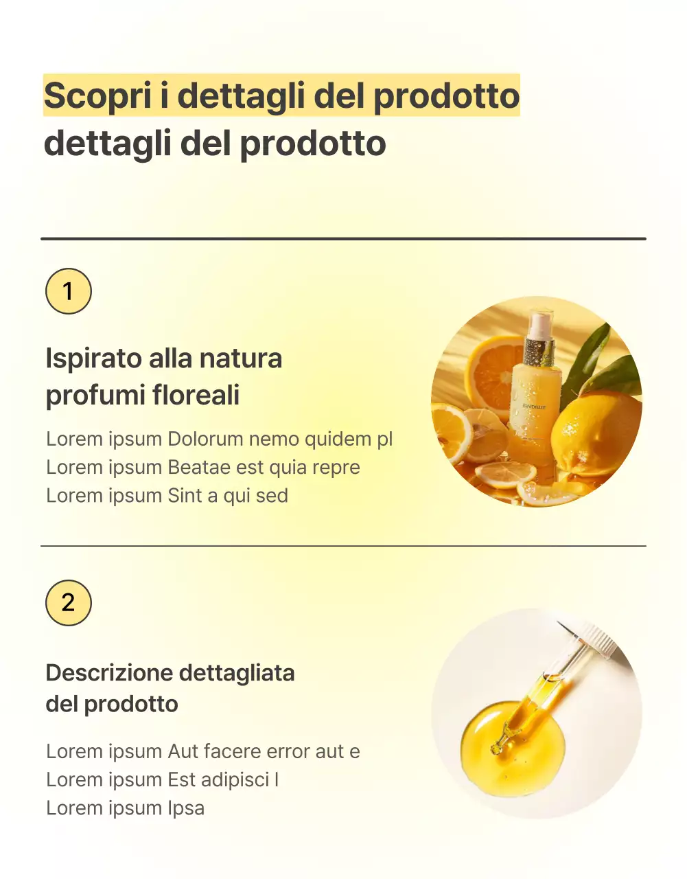 Promozione semplice, ottimizzata per i dispositivi mobili e dettagliata dei cosmetici per la cura della pelle in giallo e arancione