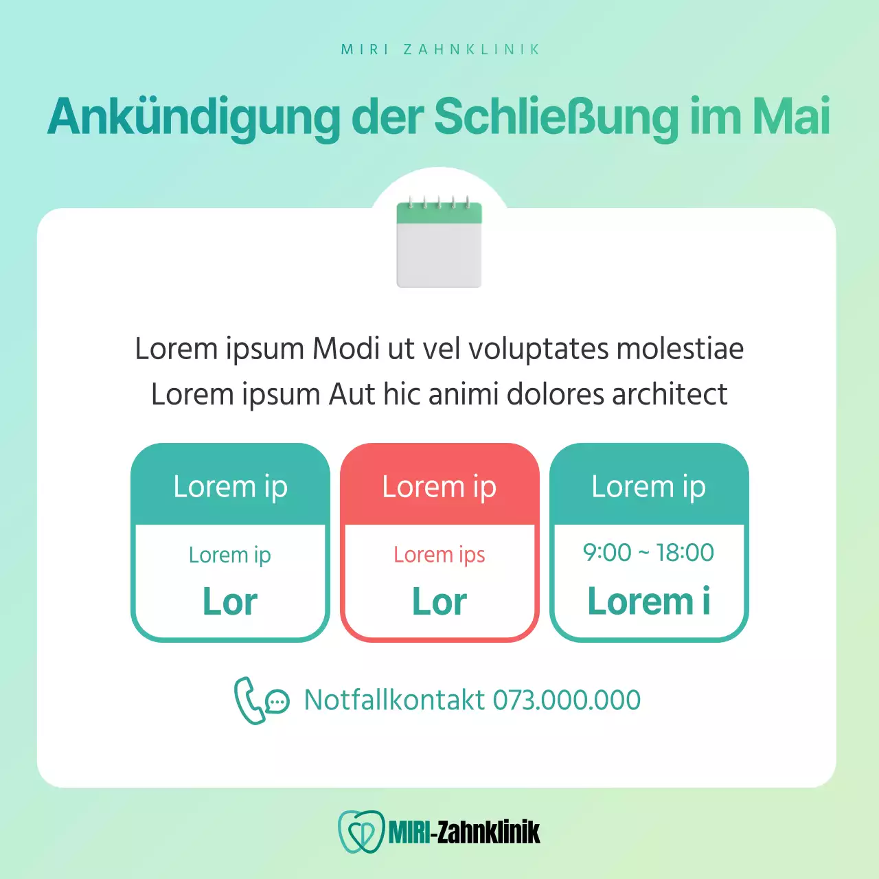 Einfache Ankündigung einer privaten Zahnarztpraxis in den Farben Mint und Chartreuse