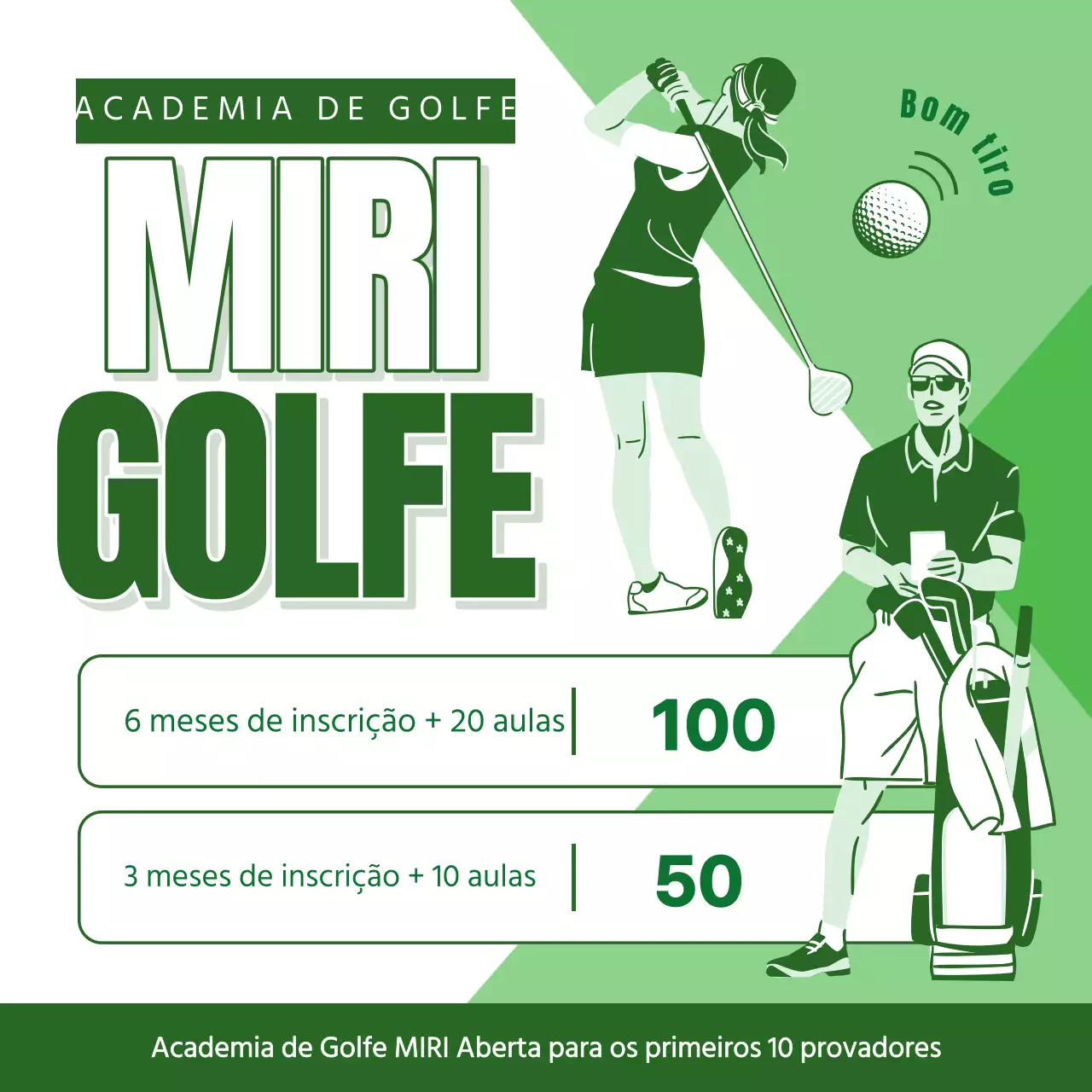 Anúncio moderno de uma academia de golfe em branco e verde