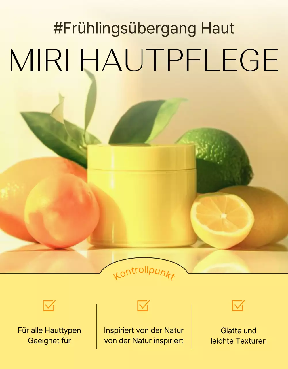 Einfache, mobil-optimierte, detaillierte Hautpflege-Kosmetikwerbung in Gelb und Orange