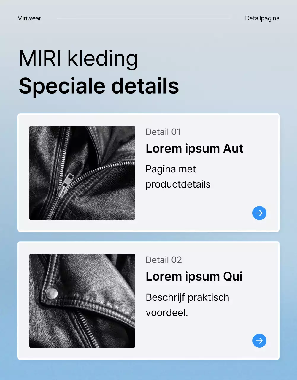 Beschrijf en promoot de details van een trendy blauw-witte fashion detailpagina