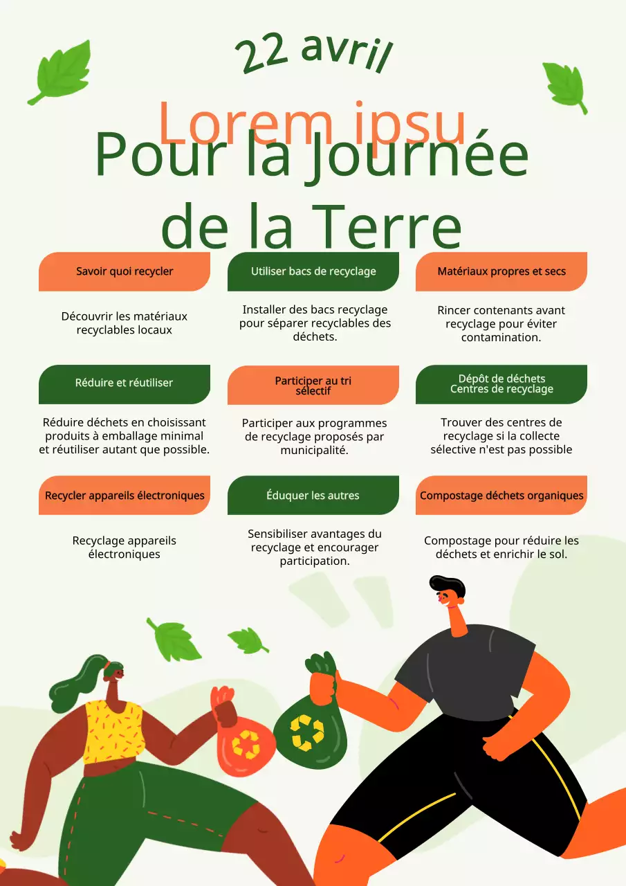 Guide du recyclage moderne vert et orange pour la Journée de la Terre