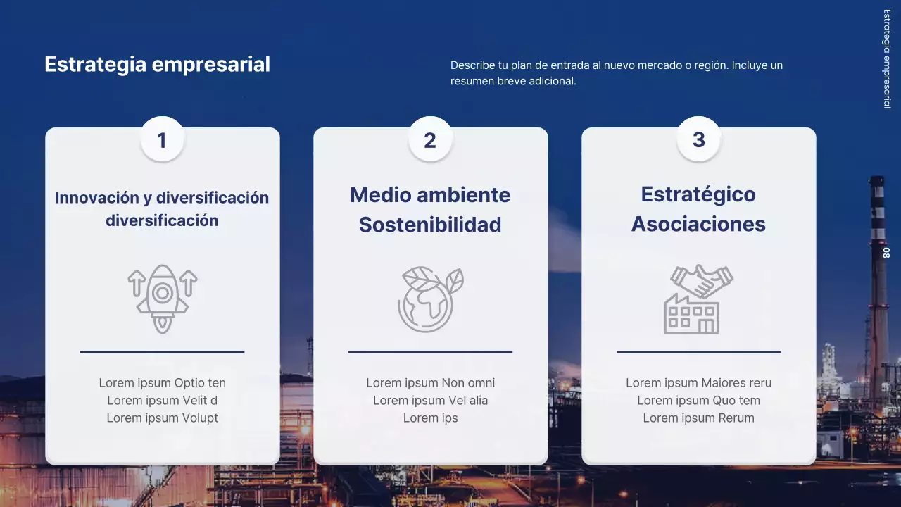 Carta de presentación de empresa con una fábrica moderna en blanco y negro y azul marino