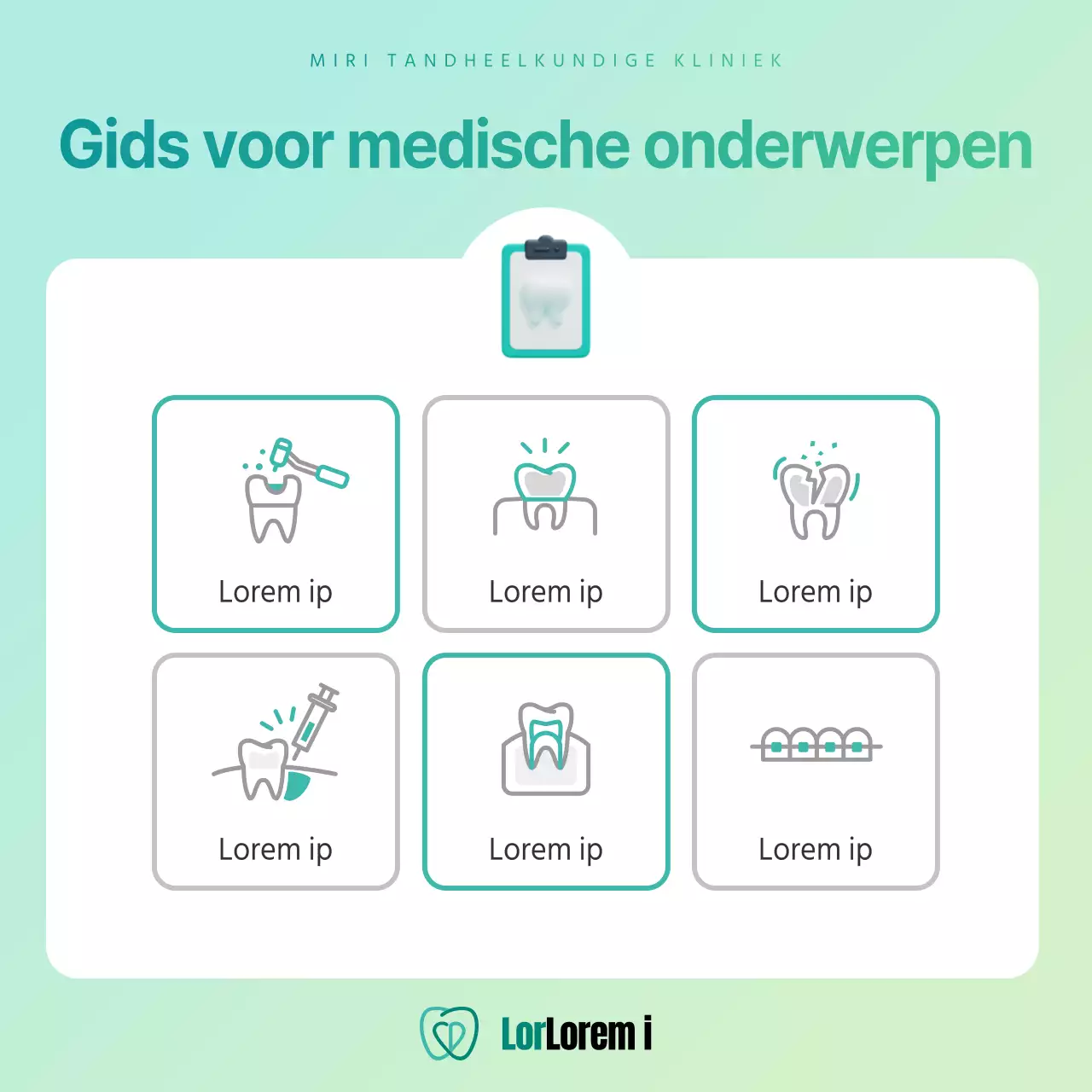 Eenvoudige aankondiging voor een particuliere tandartspraktijk in mint en chartreuse kleuren