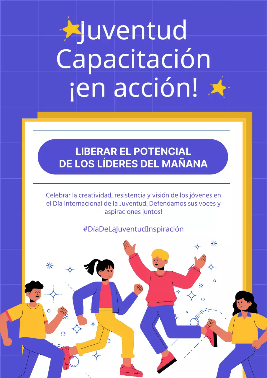 Publicidad de un acto moderno de promoción de la juventud en azul y amarillo