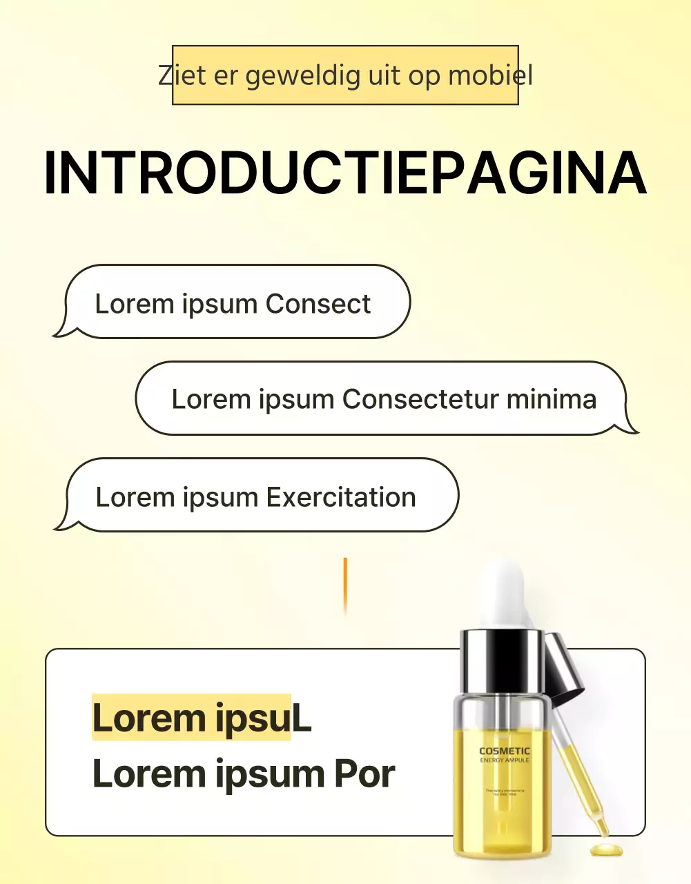 Promoot een eenvoudige intropagina voor huidverzorgingscosmetica in geel en oranje