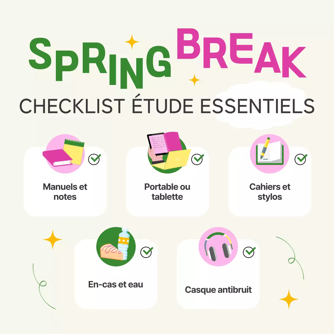 Guide de l'étudiant pour des vacances de printemps modernes en vert et jaune