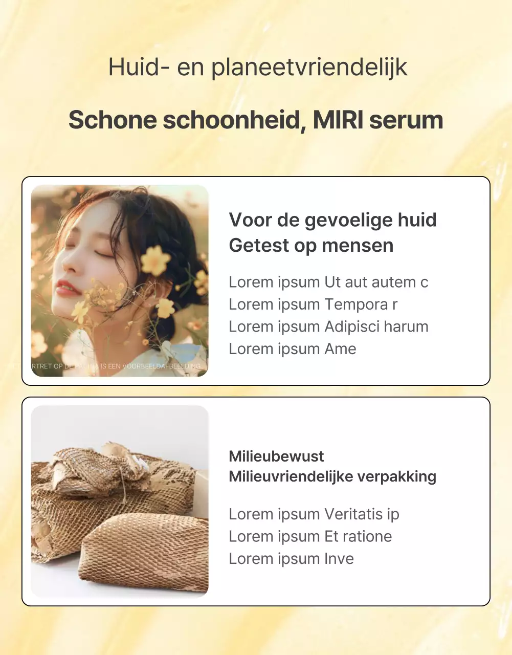 Eenvoudige, mobiel geoptimaliseerde, gedetailleerde promotie voor huidverzorgingscosmetica in geel en oranje