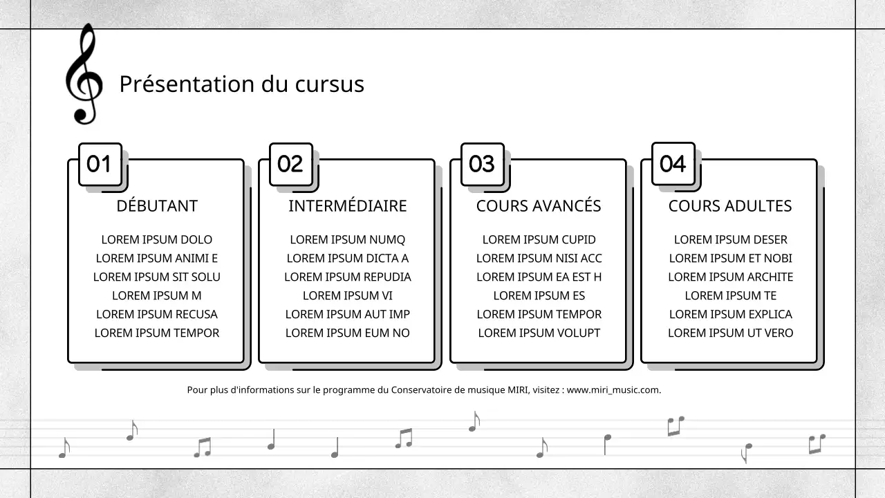 Prospectus d'une école de musique moderne, en noir et blanc
