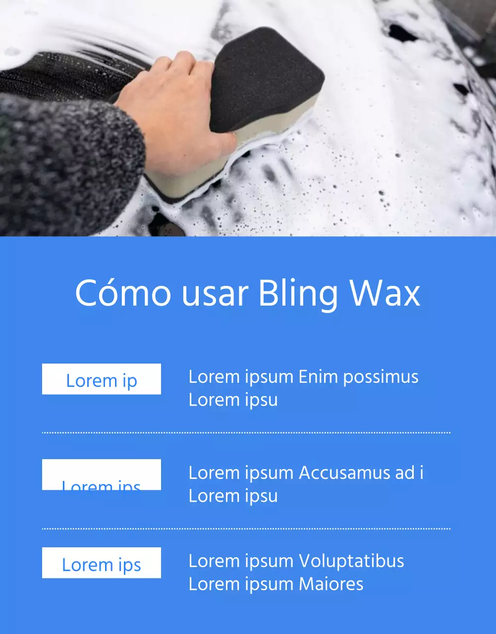 Anuncio minimalista de lavado de coches con fondo azul