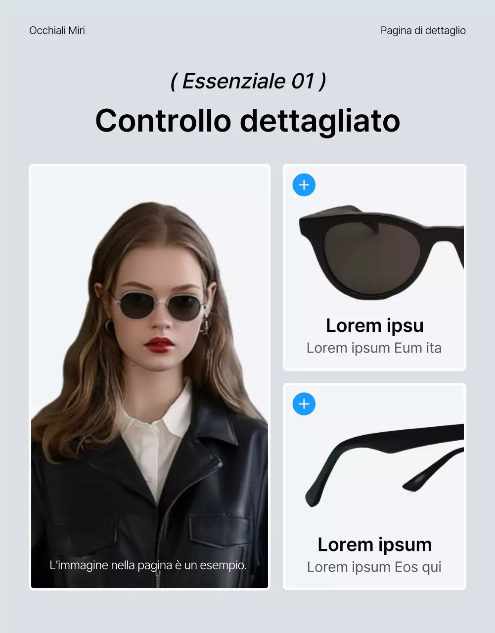 Descrivete e promuovete i dettagli di una pagina di dettaglio di moda blu e bianca di tendenza