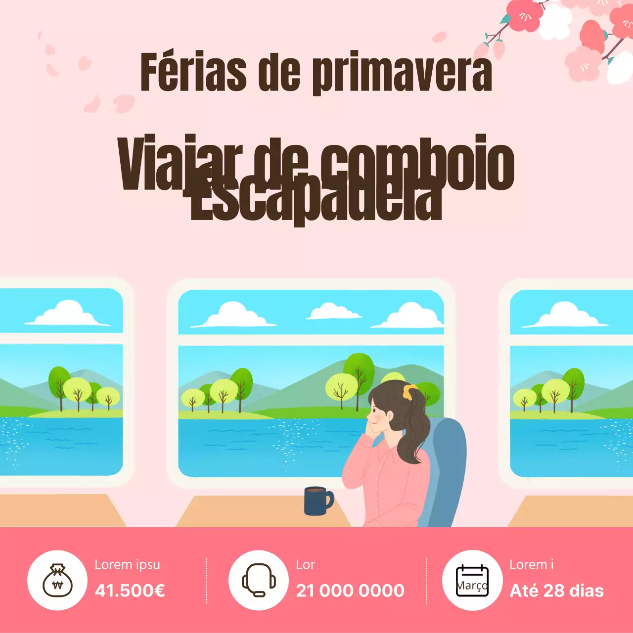 Anúncio de uma agência de viagens de um dia com um fundo cor-de-rosa