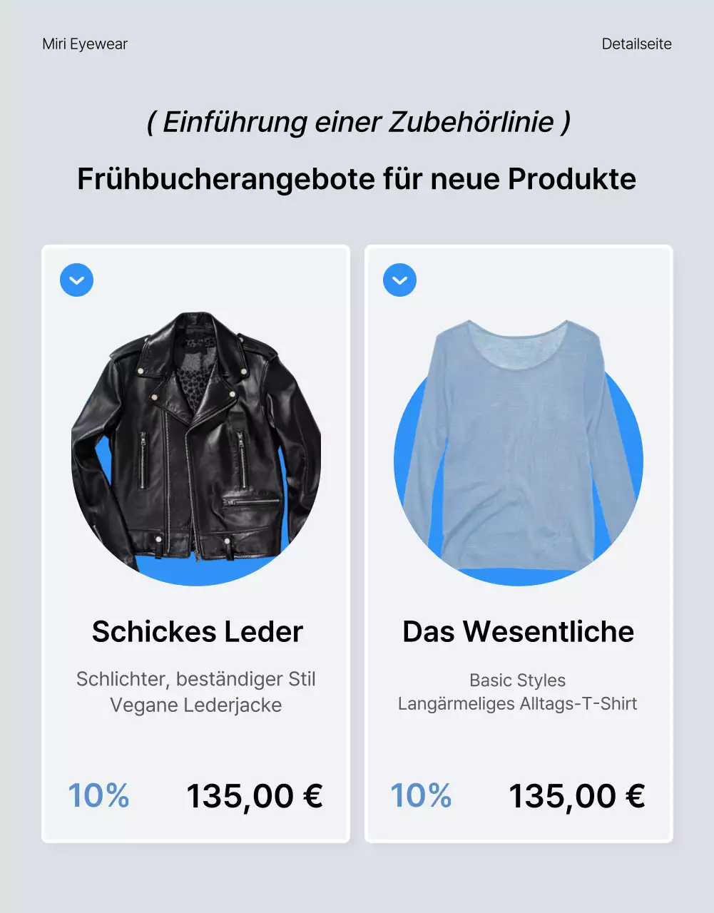 Beschreiben und bewerben Sie die Details einer trendigen blau-weißen Modeseite