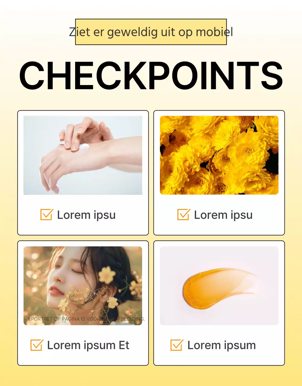 Promoot een eenvoudige checkpointpagina voor huidverzorgingscosmetica in geel en oranje