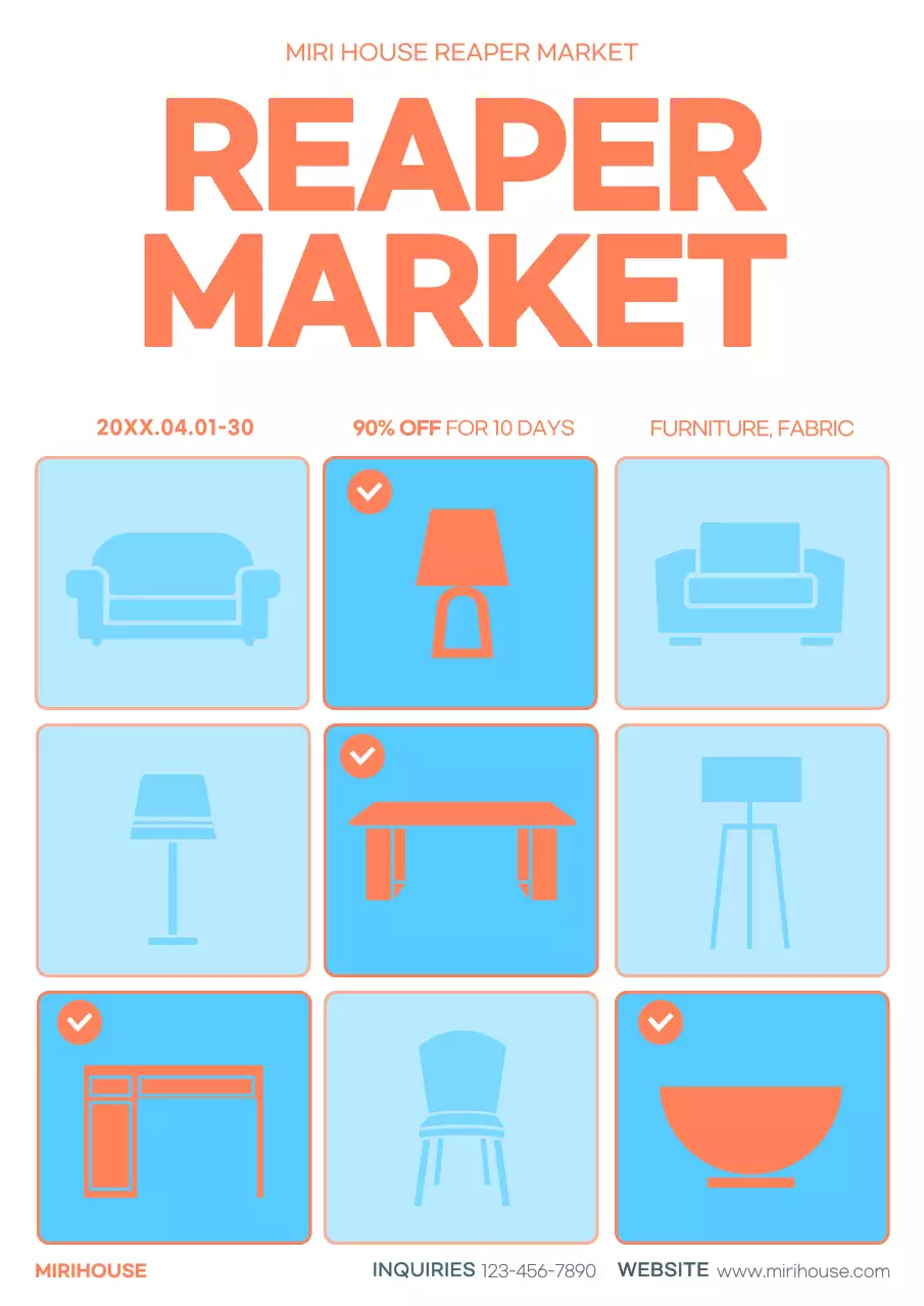 Promote a simple furniture marketplace with orange and light blue colors