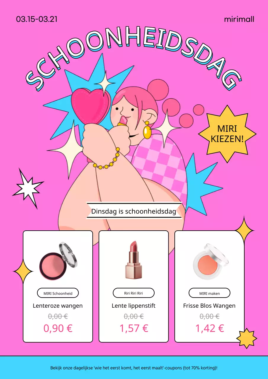 Leuke promotionele flyer voor cosmetica in winkelcentrum in warm roze en lichtblauw