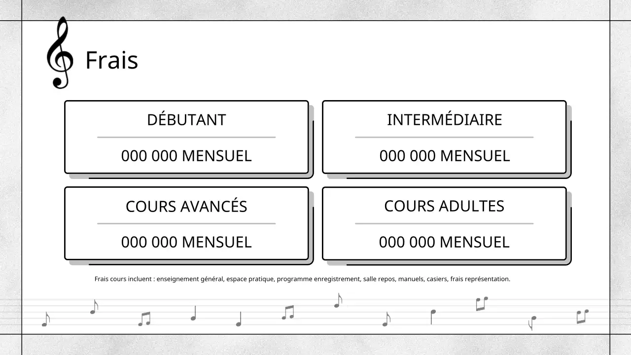 Prospectus d'une école de musique moderne, en noir et blanc
