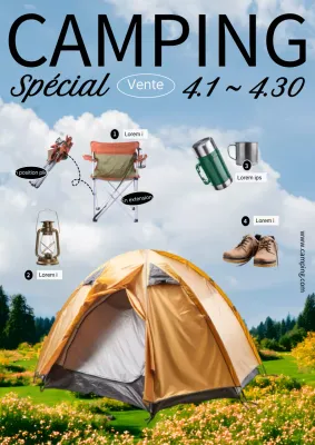 Promouvoir une vente de matériel de camping simple en bleu clair