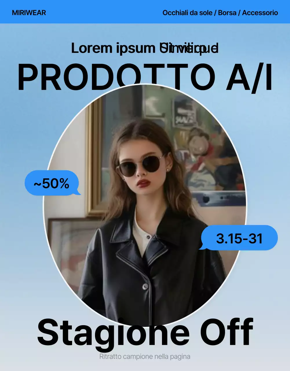 Promuovete una copertina di moda di tendenza in bianco e blu per la pagina dei dettagli