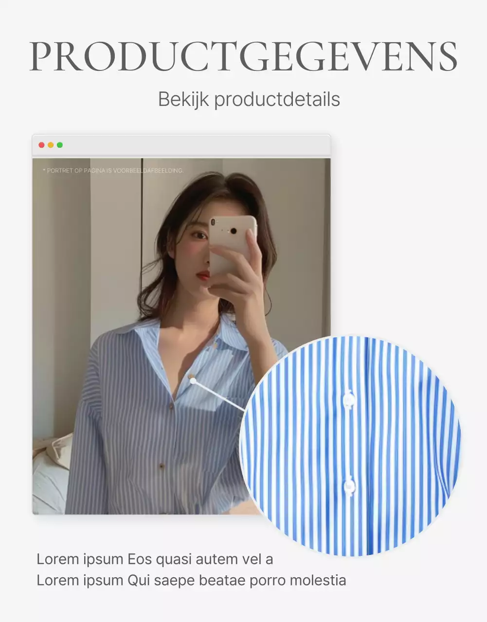 Productdetailbeschrijvingen of advertenties voor een modewinkelcentrum, versierd met een eenvoudige stijl van witte en grijze emoji's.