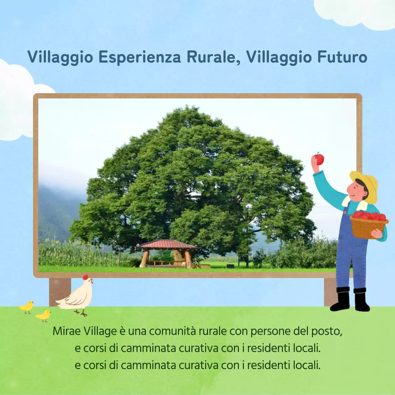 Promuovete il programma del villaggio di esperienza rurale semplice in azzurro e chartreuse