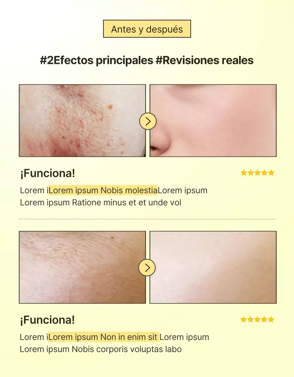 Promover una sencilla página de reseñas de cosméticos amarillos y naranjas para el cuidado de la piel