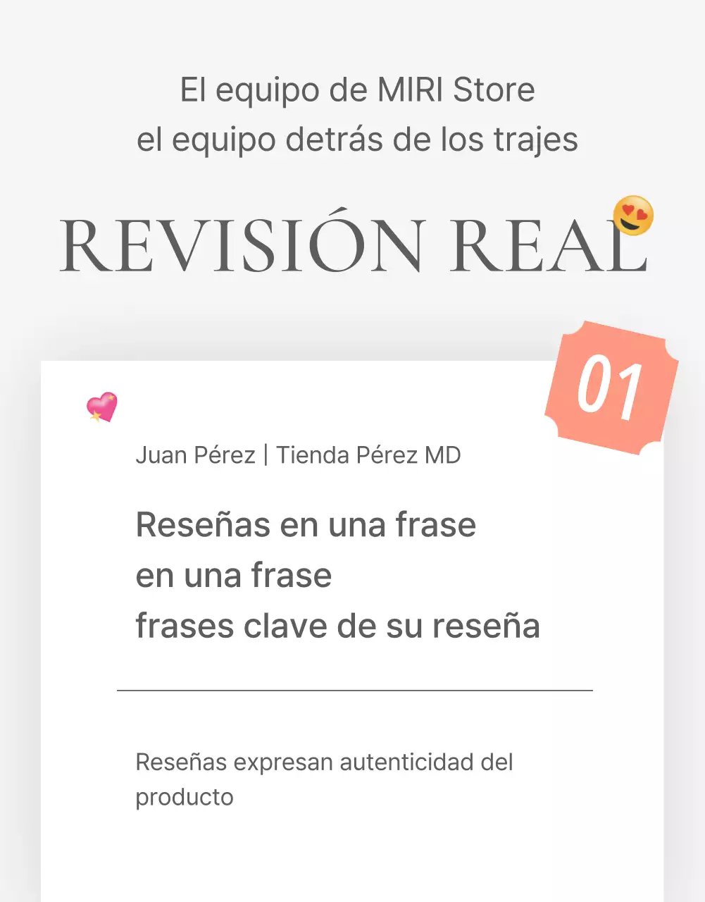 Una reseña o anuncio de una tienda de moda con un sencillo estilo de emoji blanco y gris.