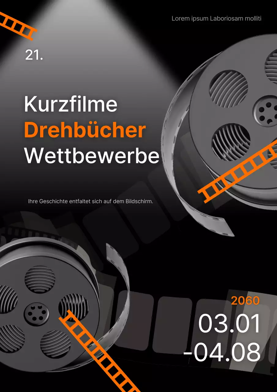 Werbung für einen Kurzfilm-Drehbuchwettbewerb mit orange-schwarzen Akzenten