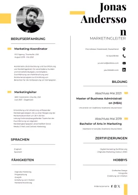 Weißer und minimaler Lebenslauf für Marketing Manager