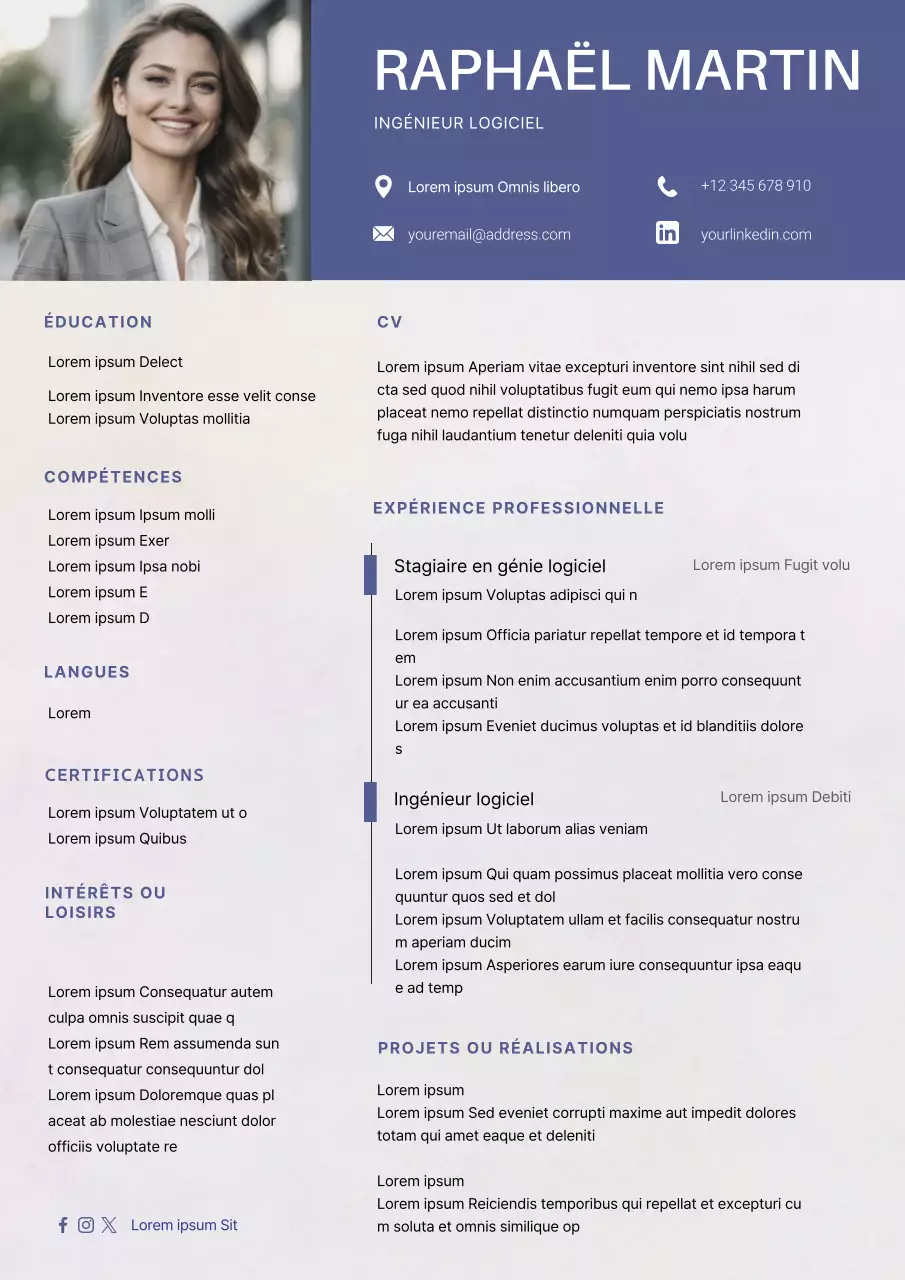 Curriculum vitae simple d'ingénieur logiciel bleu marine