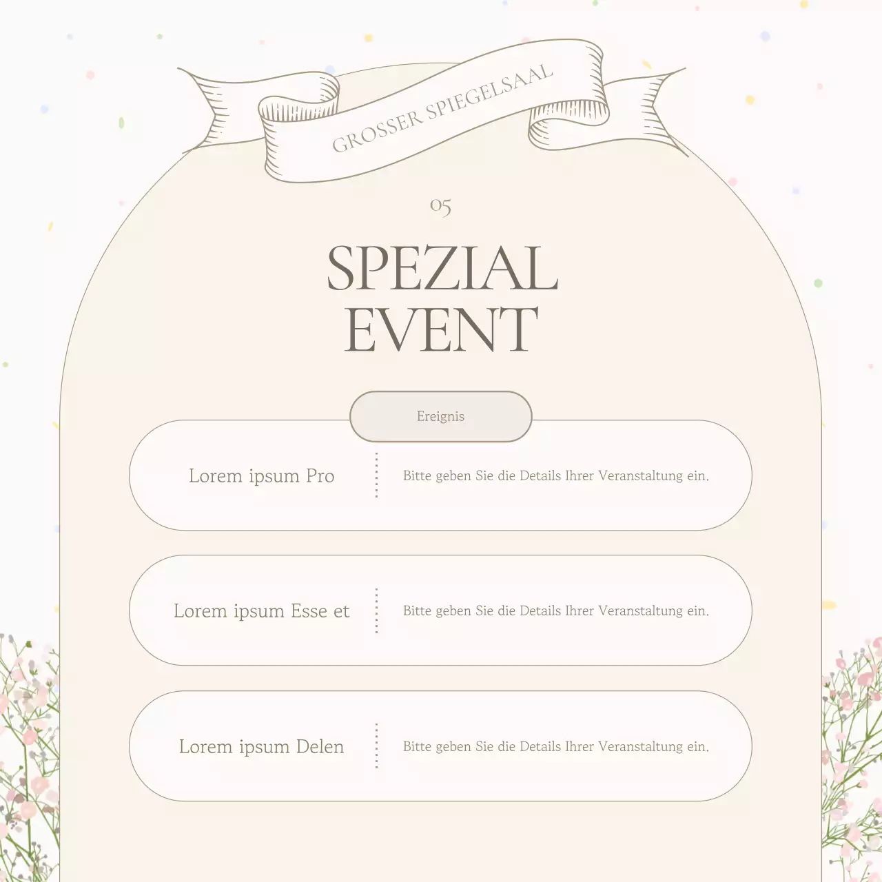 Förderung einer klassischen elfenbein- und beigefarbenen Hochzeitslocation