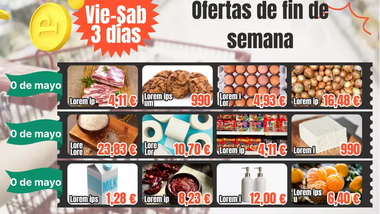 Sobre el folleto pop-art naranja y verde de la tienda de comestibles