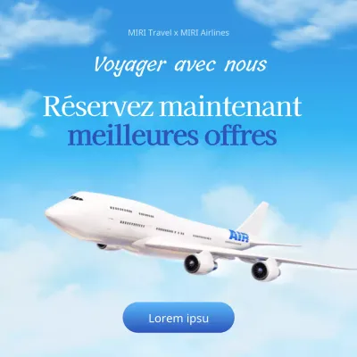 Une publicité simple, bleu clair et blanc, pour une bonne affaire de voyage