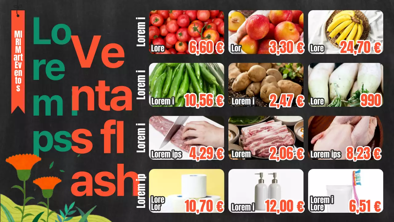 Sobre el folleto pop-art naranja y verde de la tienda de comestibles