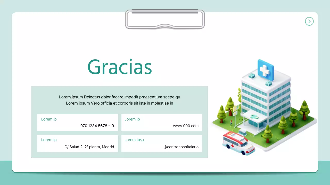 Un sencillo folleto hospitalario en 3D, estilo carpeta, en color menta