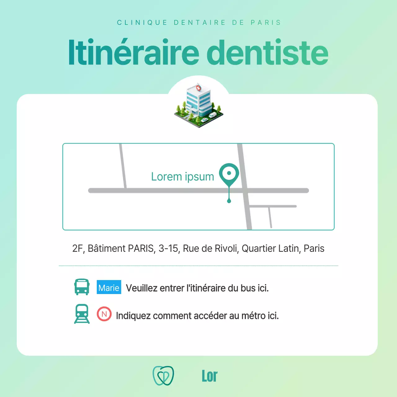 Annonce simple d'un cabinet dentaire privé aux couleurs menthe et chartreuse