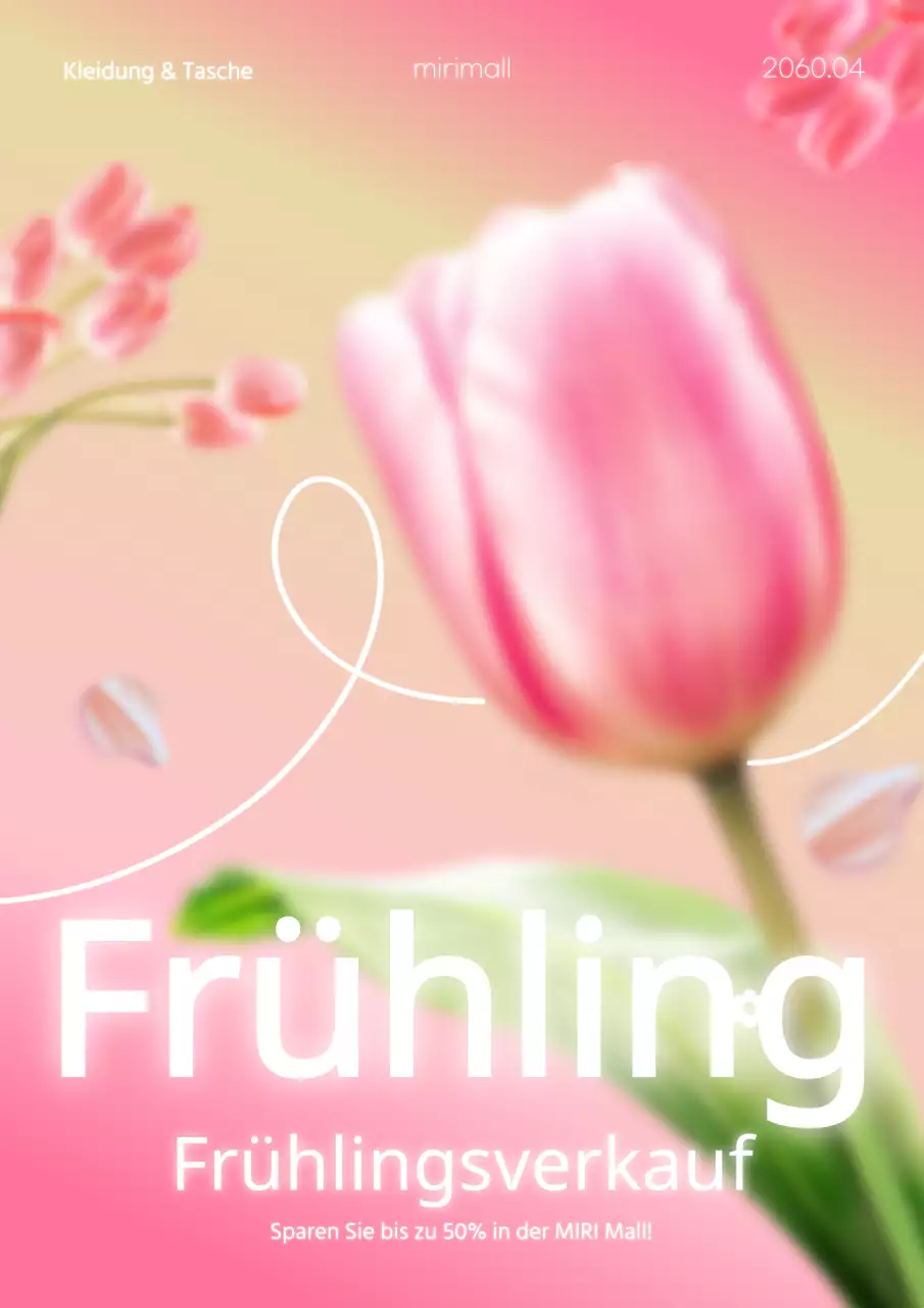 Ein farbenfrohes rosa-weißes Plakat, das für den Frühlingsausverkauf im Einkaufszentrum wirbt.