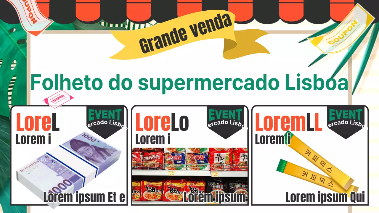 Acerca do folheto de mercearia pop-art laranja e verde
