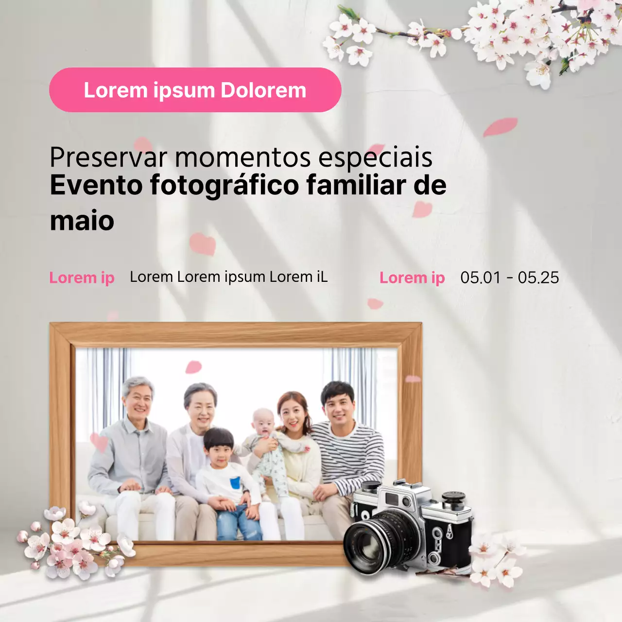 Anúncio para um evento fotográfico de família cor-de-rosa e branco muito giro