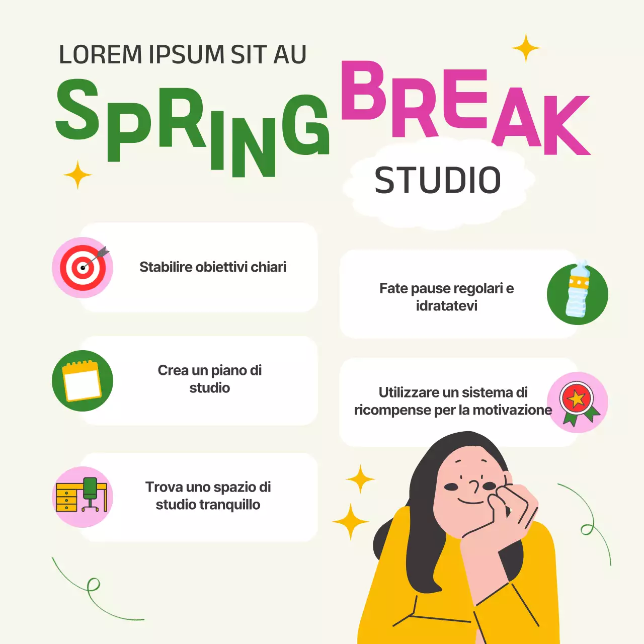 Una guida per studenti per una moderna vacanza di primavera in verde e giallo