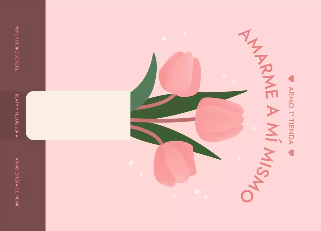 El diseño presenta una ilustración de tres tulipanes en un jarrón