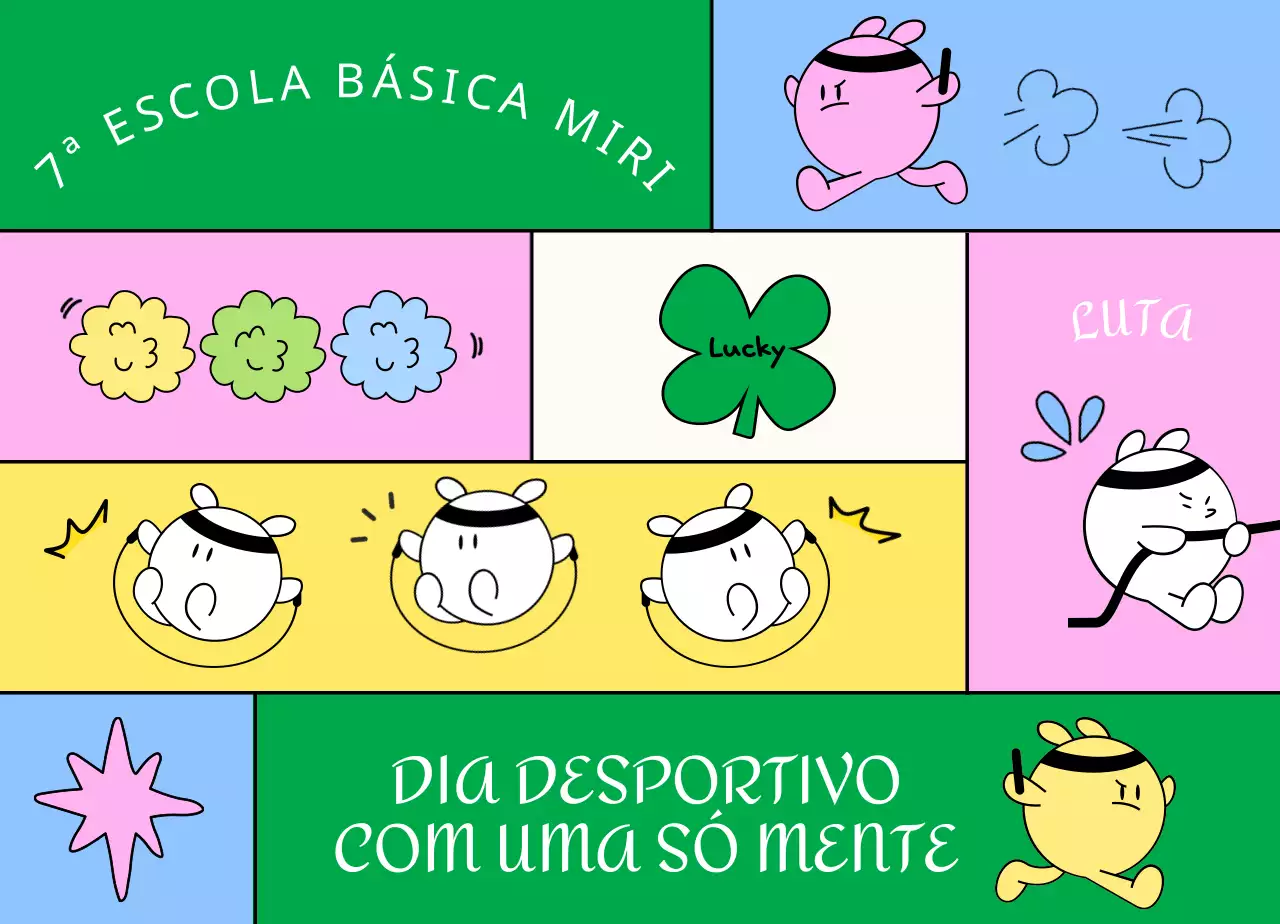 Dia do desporto na escola primária com personagens engraçadas a fazer exercício