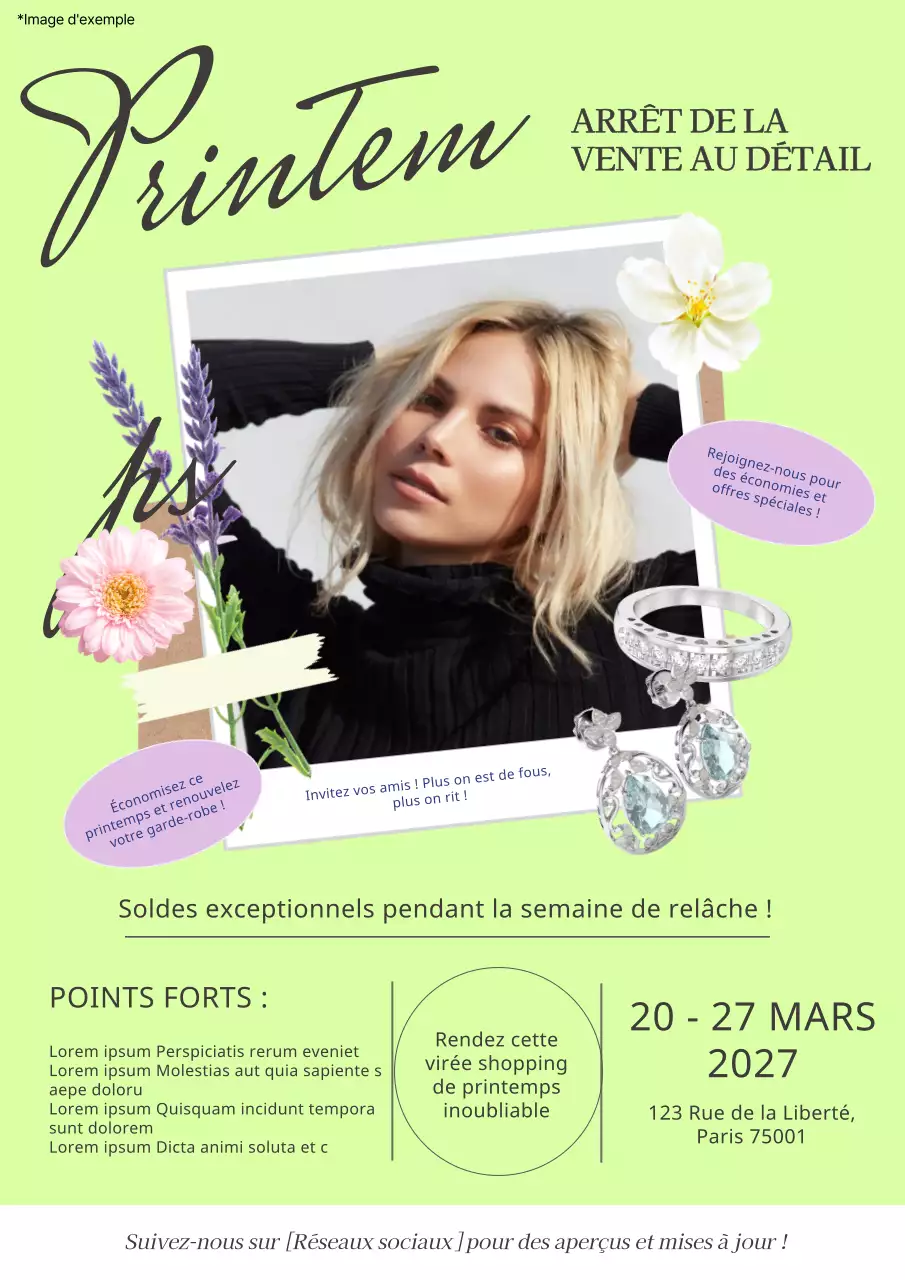 Annonce des soldes de printemps modernes vertes et violettes