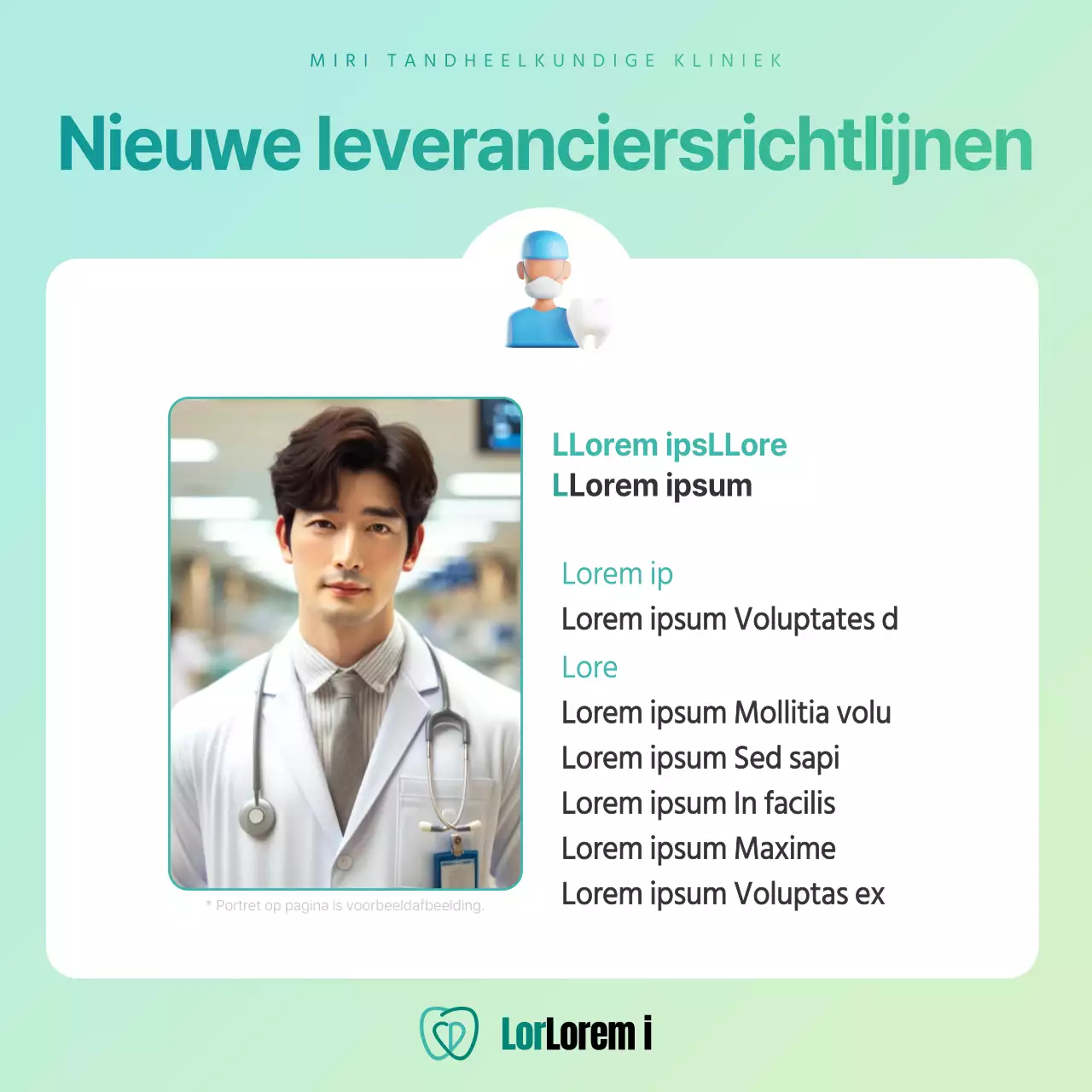 Eenvoudige aankondiging voor een particuliere tandartspraktijk in mint en chartreuse kleuren