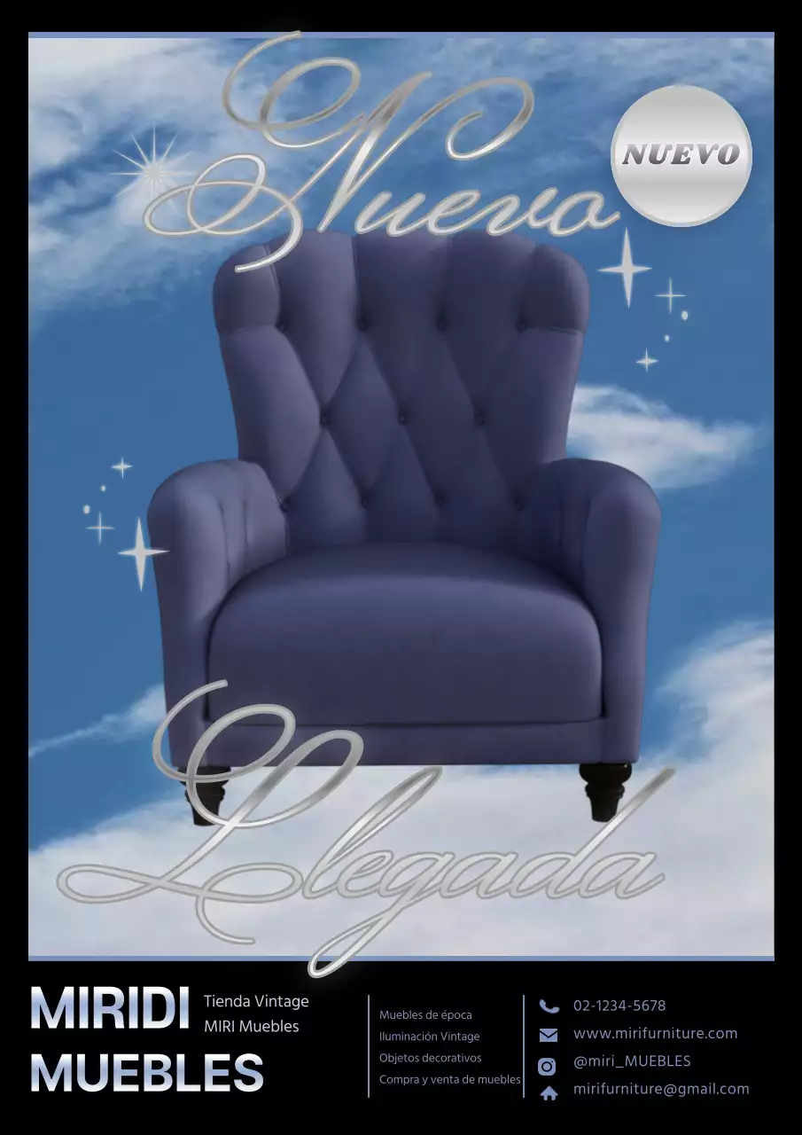 Elegante cartel promocional de una tienda de muebles vintage en negro y azul claro.