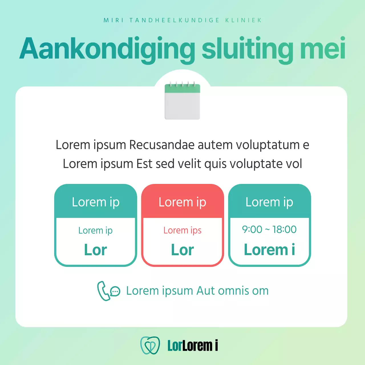 Eenvoudige aankondiging voor een particuliere tandartspraktijk in mint en chartreuse kleuren