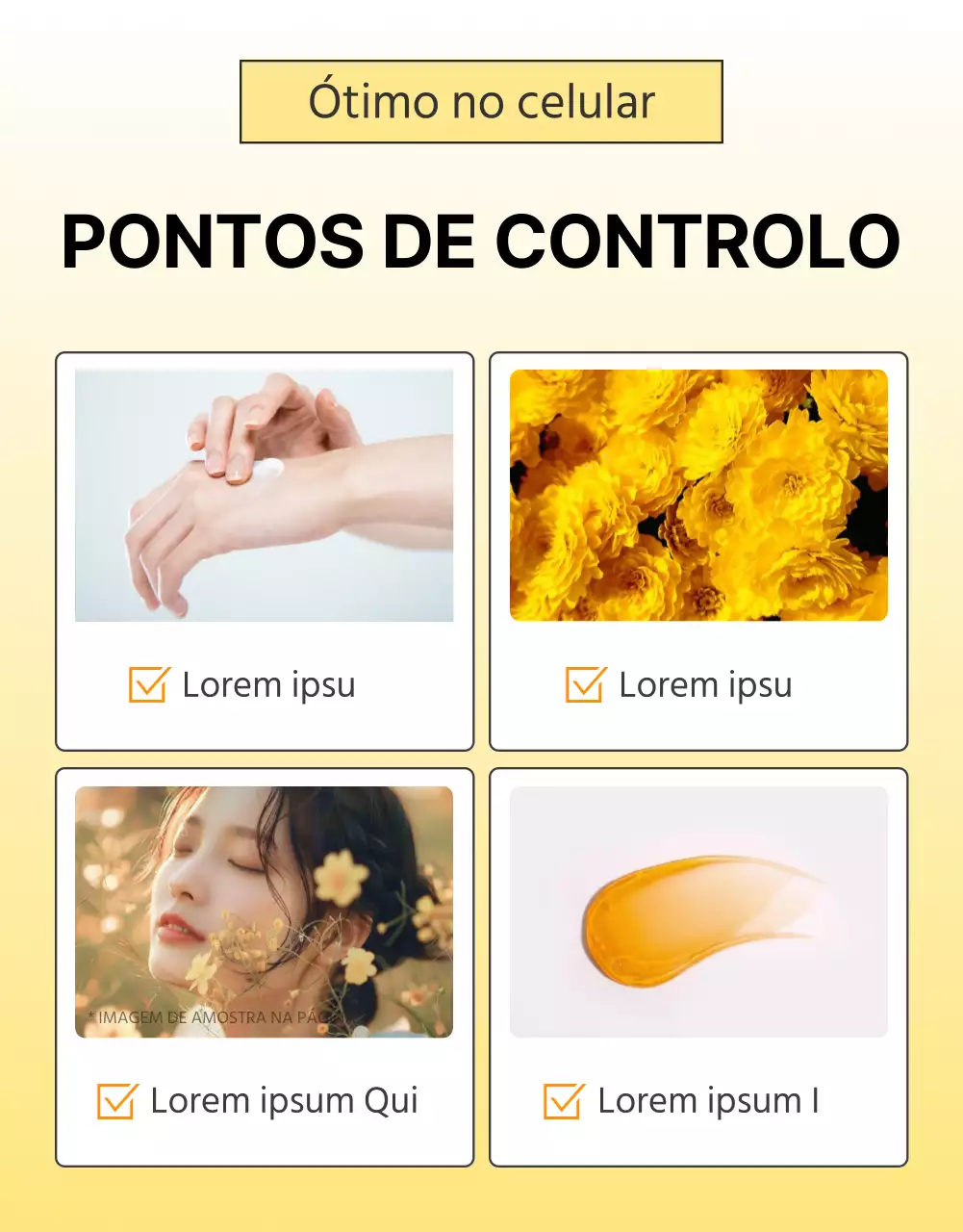 Promover uma página simples de controlo de cosméticos para cuidados da pele em amarelo e laranja