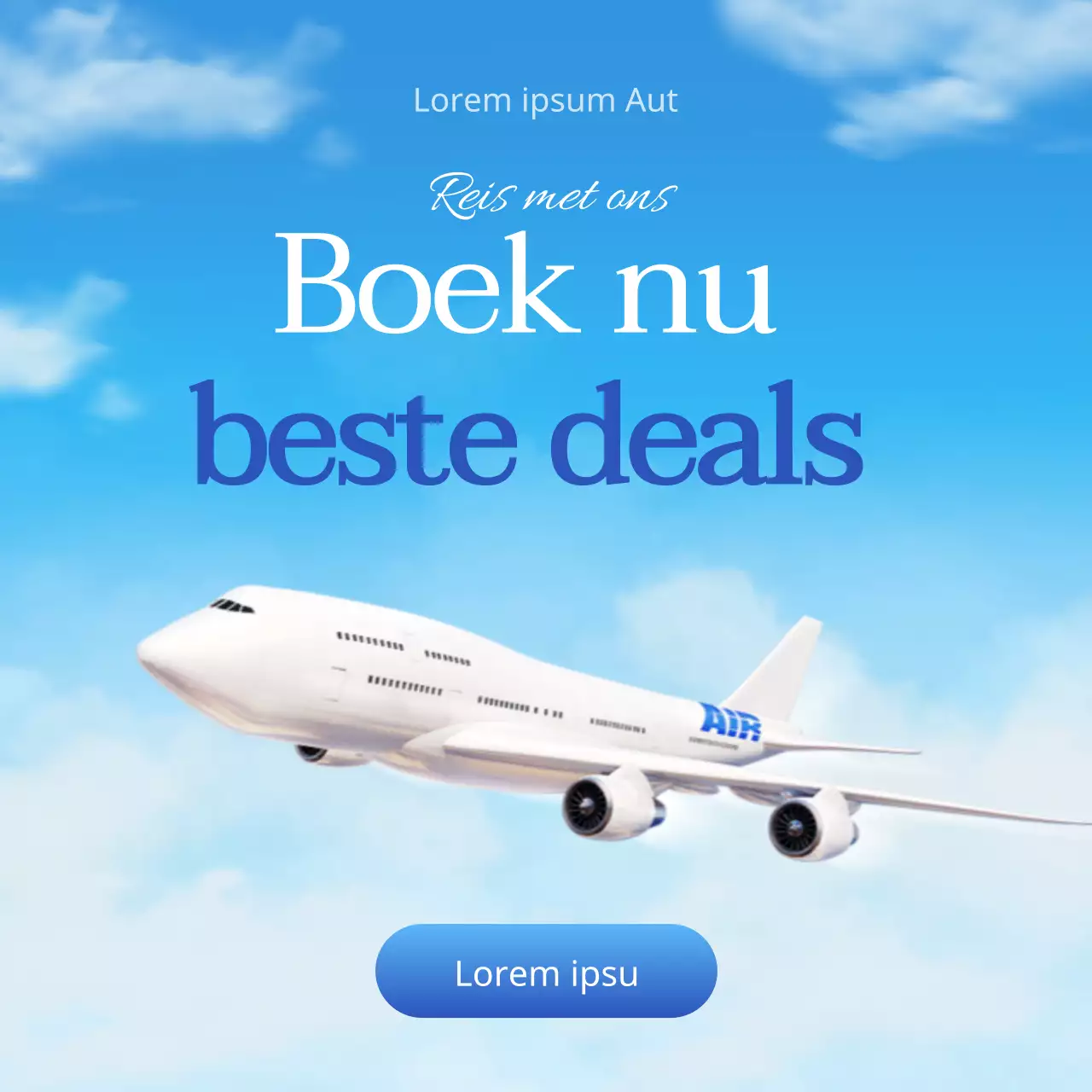 Een eenvoudige, lichtblauwe en witte reisaanbieding